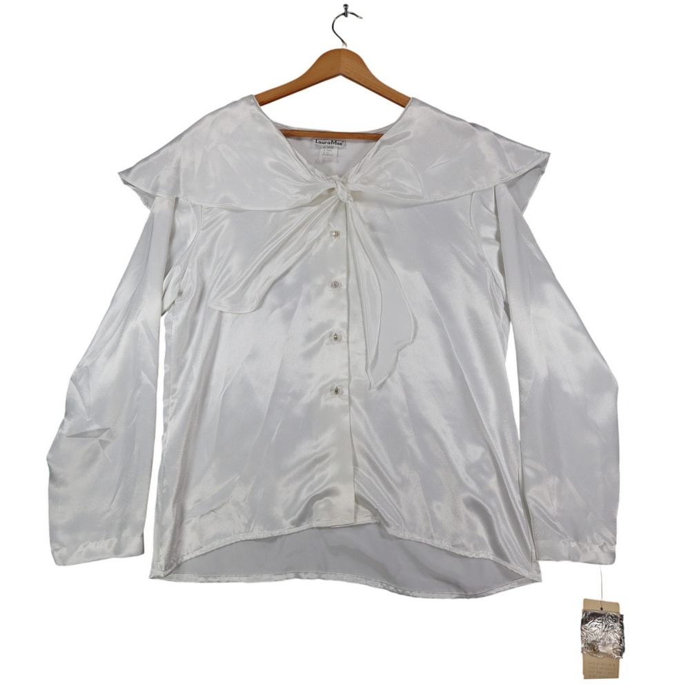 Laura Mae Blouse Womens 12 Vintage 80s White Satin Sailor Collar Tie Neck 6620